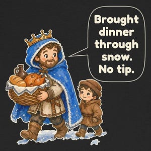 May include: A graphic illustration on a black background featuring a king in a blue cloak and crown carrying a basket of food, accompanied by a child in a brown coat. A speech bubble contains the text: Brought dinner through snow. No tip.