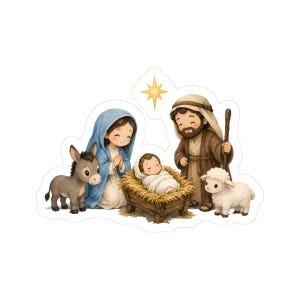 May include: A nativity scene sticker featuring a cartoon Mary in a blue headscarf, Joseph in a brown robe holding a staff, and a baby Jesus in a manger. A gray donkey and a white lamb stand nearby, with a yellow star shining above them.