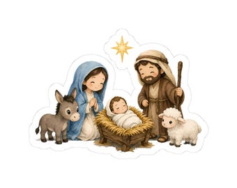 Puede incluir: Una pegatina de escena de natividad con una María de dibujos animados con pañuelo azul, José con túnica marrón sosteniendo un bastón y el niño Jesús en un pesebre. Un burro gris y un cordero blanco están cerca, con una estrella amarilla arriba.