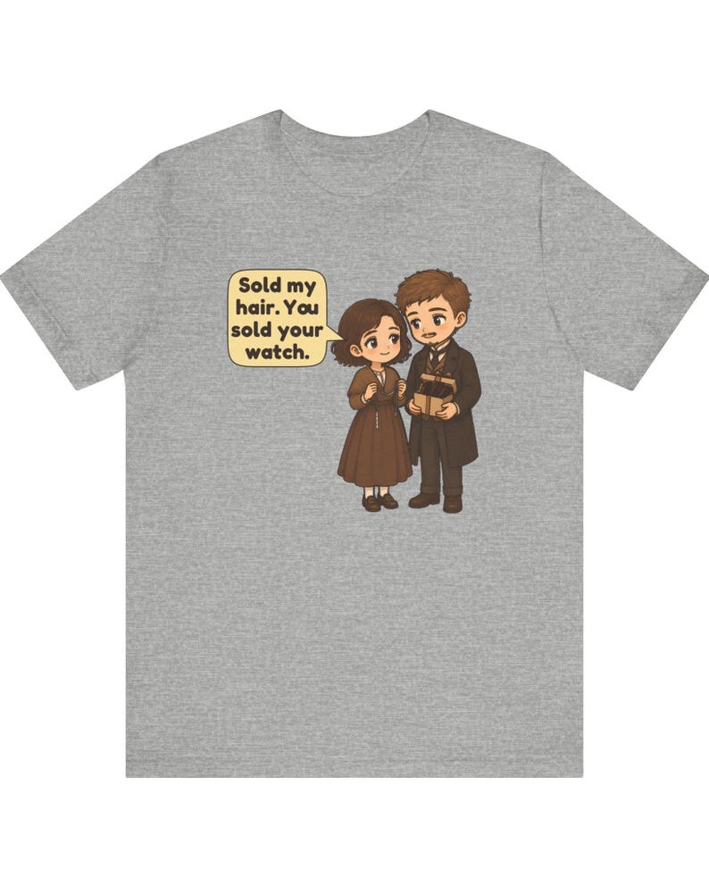 May include: A heather gray t-shirt featuring a cartoon illustration of two people in brown clothing. One person holds a small box, and a speech bubble contains the text: Sold my hair. You sold your watch.