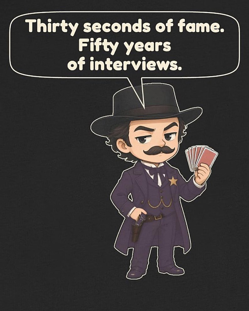 Pu&ograve; includere: Un'illustrazione a cartoni animati di una figura con i baffi in abito scuro, cappello e distintivo a stella, che tiene in mano carte da gioco e una pistola. Un fumetto contiene il testo: Thirty seconds of fame. Fifty years of interviews.