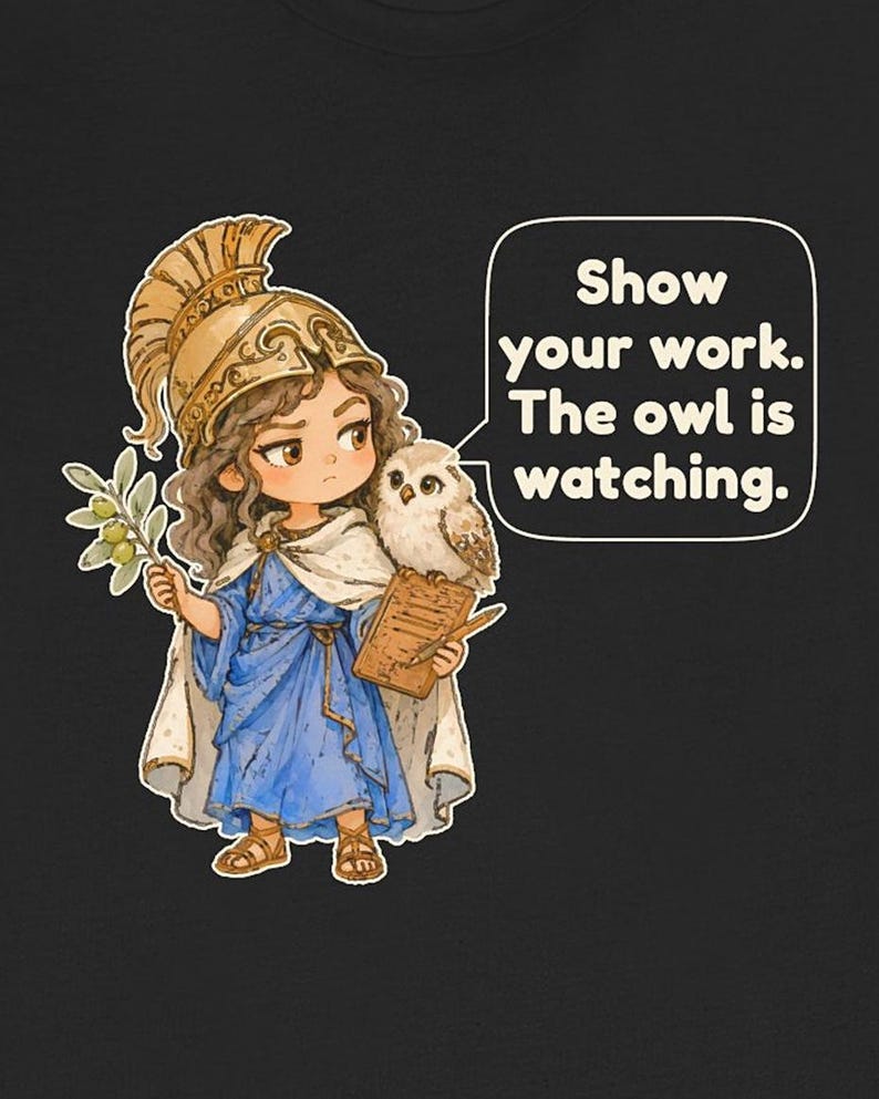 Puede incluir: Una camiseta negra con una ilustraci&oacute;n de dibujos animados de una figura con casco dorado y t&uacute;nica azul que sostiene una rama de olivo y un portapapeles con un b&uacute;ho. Un bocadillo contiene el texto: Show your work. The owl is watching.