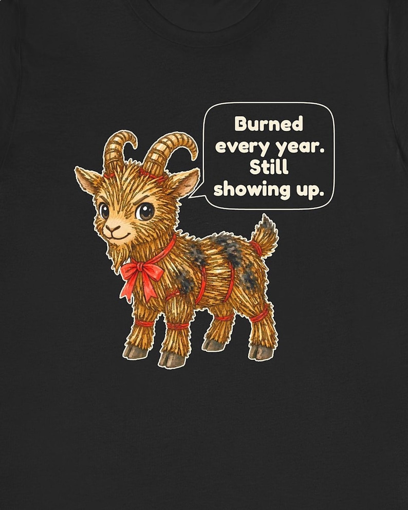 Yule Goat Shirt, Funny Scandinavian Christmas Tee, Swedish Heritage Gift, Folklore Lover Gift, Straw Goat Holiday Shirt, Chibi Watercolor bild 1