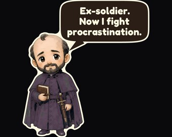 May include: A cartoon sticker of a bearded man with a receding hairline wearing a dark purple cloak and tunic. He holds a small brown book and a sheathed sword. A speech bubble above him contains the text: Ex-soldier. Now I fight procrastination.