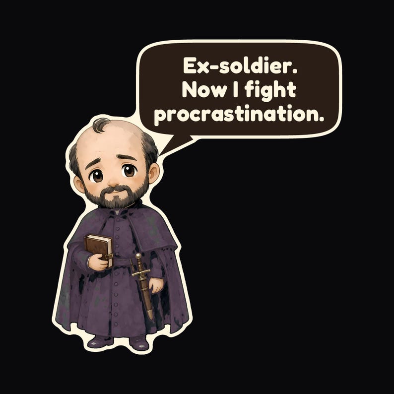 May include: A cartoon sticker of a bearded man with a receding hairline wearing a dark purple cloak and tunic. He holds a small brown book and a sheathed sword. A speech bubble above him contains the text: Ex-soldier. Now I fight procrastination.