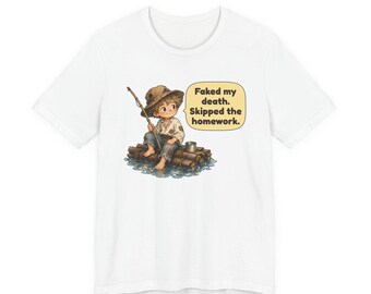 Barefoot River Raft Boy Shirt, Funny Homework Joke Tee, 1884 Classic Novel Gift for Book Lovers, English Teachers and Students