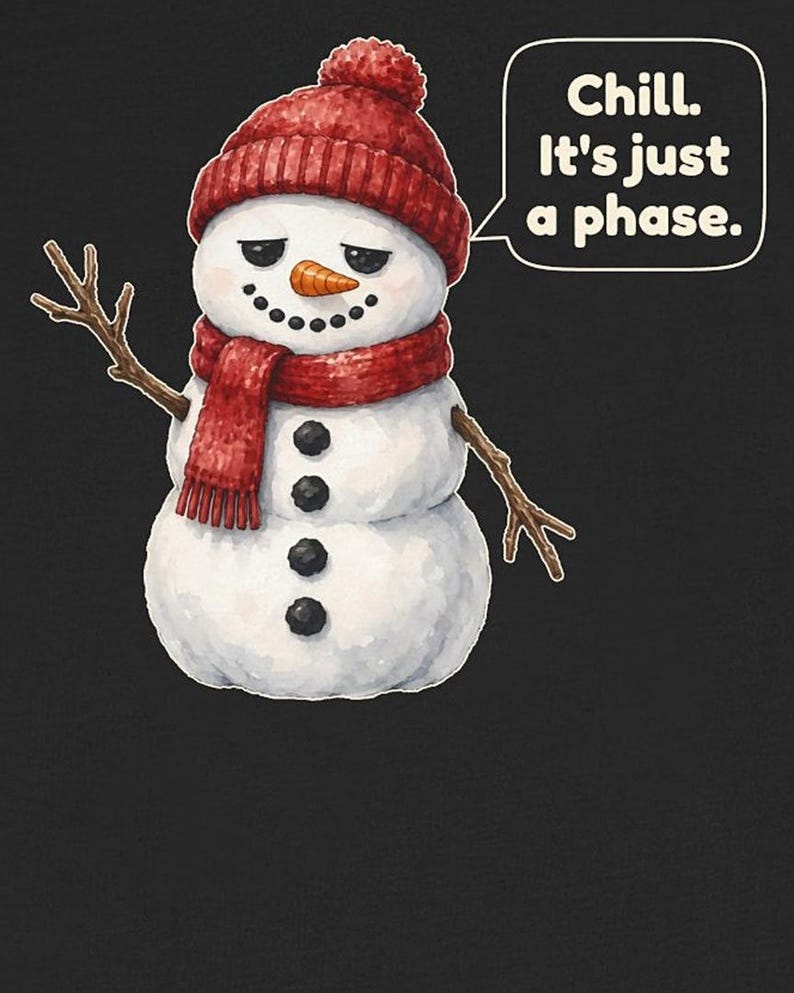 Pode incluir: Uma ilustra&ccedil;&atilde;o de um boneco de neve branco com gorro e cachecol de malha vermelha, nariz de cenoura, olhos de carv&atilde;o e tr&ecirc;s bot&otilde;es de carv&atilde;o. Um bal&atilde;o de fala ao lado cont&eacute;m o texto, Chill. It's just a phase.