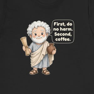 May include: A black t-shirt featuring a cartoon illustration of a white-bearded figure in a light blue tunic and beige toga, holding a scroll and a brown pot. A speech bubble contains the text: First, do no harm. Second, coffee.