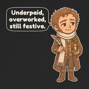 May include: A black t-shirt featuring a cartoon illustration of a person in brown Victorian-style clothing, a white scarf, and boots. The person holds a quill and a candle with holly. A speech bubble contains the text: Underpaid, overworked, still festive.