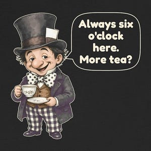 May include: A graphic illustration on a black background featuring a character wearing a top hat, a brown vest, and a white and black polka-dot bow tie. The character holds a teacup and saucer, with a speech bubble saying: Always six o'clock here. More tea?