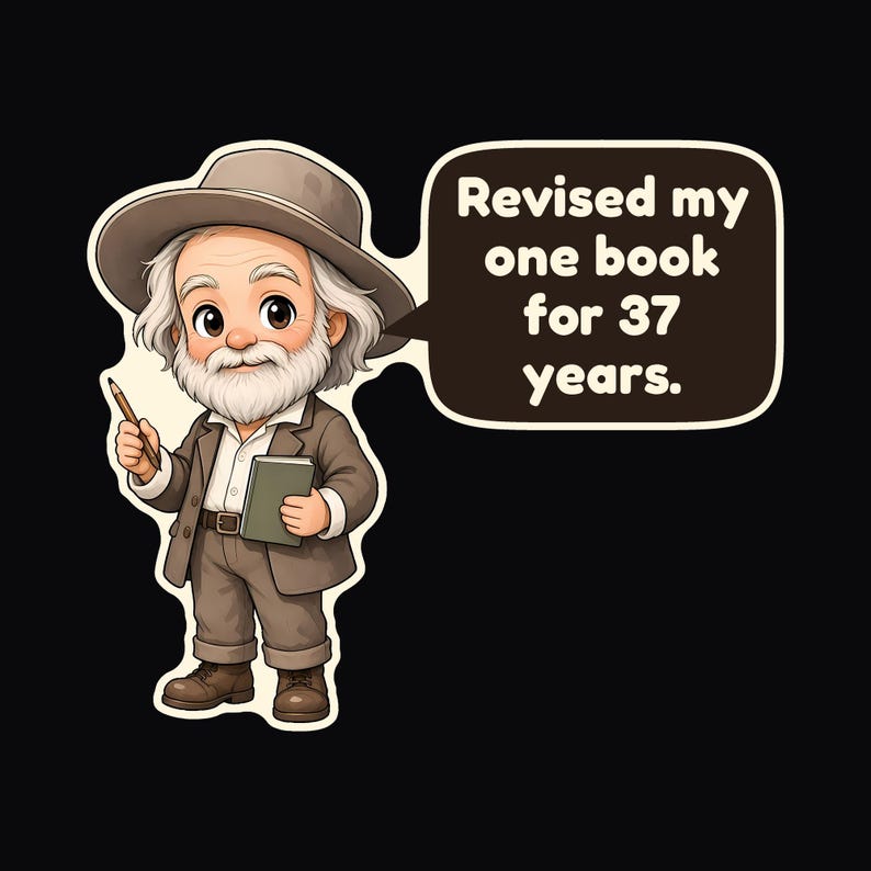 May include: A cartoon illustration of an elderly person with white hair and a beard, wearing a brown hat, jacket, and pants. The figure holds a pencil and a small book, with a speech bubble containing the text: Revised my one book for 37 years.