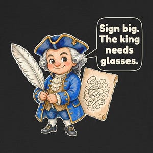 May include: A black t-shirt featuring a cartoon illustration of a person in 18th-century blue attire holding a white quill and a scroll. A speech bubble contains the text: Sign big. The king needs glasses.