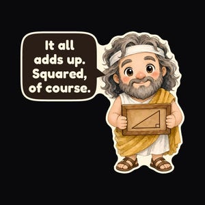 Pu&ograve; includere: Un'illustrazione a cartoni animati di una figura barbuta con tunica bianca, drappo giallo e sandali, che tiene una cornice di legno con un triangolo rettangolo. Un fumetto contiene il testo: It all adds up. Squared, of course.