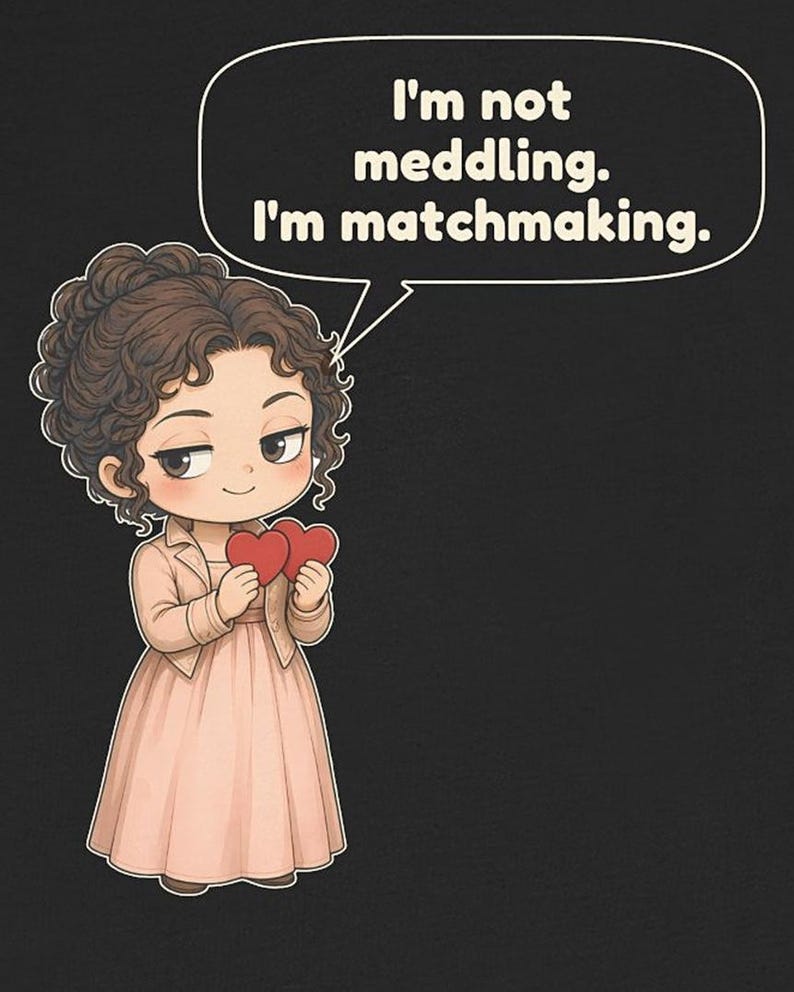 K&ouml;nnte beinhalten: Eine grafische Illustration einer Figur mit lockigem braunem Haar, die ein hellrosa Kleid und eine Jacke tr&auml;gt und zwei rote Herzen h&auml;lt. Eine Sprechblase &uuml;ber der Figur enth&auml;lt den Text: I'm not meddling. I'm matchmaking.