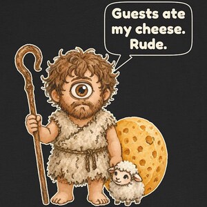 May include: A graphic illustration on a black background featuring a brown-haired cyclops wearing a beige tunic, holding a wooden shepherd's crook, and standing next to a small white sheep and a large wheel of yellow cheese with text: Guests ate my cheese. Rude.