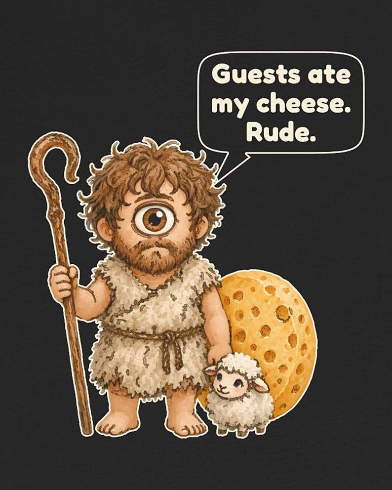 May include: A graphic illustration on a black background featuring a brown-haired cyclops wearing a beige tunic, holding a wooden shepherd's crook, and standing next to a small white sheep and a large wheel of yellow cheese with text: Guests ate my cheese. Rude.