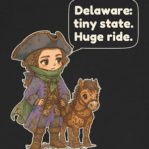 May include: A graphic illustration on a black background featuring a person in a purple coat, green scarf, and tricorn hat standing next to a brown pony. A speech bubble contains the text: Delaware: tiny state. Huge ride.
