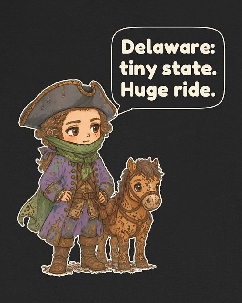 May include: A graphic illustration on a black background featuring a person in a purple coat, green scarf, and tricorn hat standing next to a brown pony. A speech bubble contains the text: Delaware: tiny state. Huge ride.