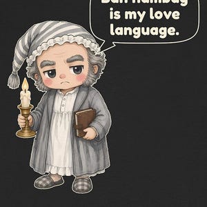 Puede incluir: Una ilustraci&oacute;n gr&aacute;fica de un personaje con gorro de dormir a rayas grises, bata gris y camis&oacute;n blanco. El personaje sostiene una vela encendida en un candelabro dorado y un libro marr&oacute;n. Un bocadillo contiene el texto: Bah humbug is my love language.