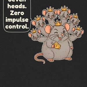 May include: A graphic illustration on a dark background featuring a grey rat with seven heads, each wearing a small gold crown. The central head holds a piece of yellow Swiss cheese. A speech bubble contains the text: Seven heads. Zero impulse control.