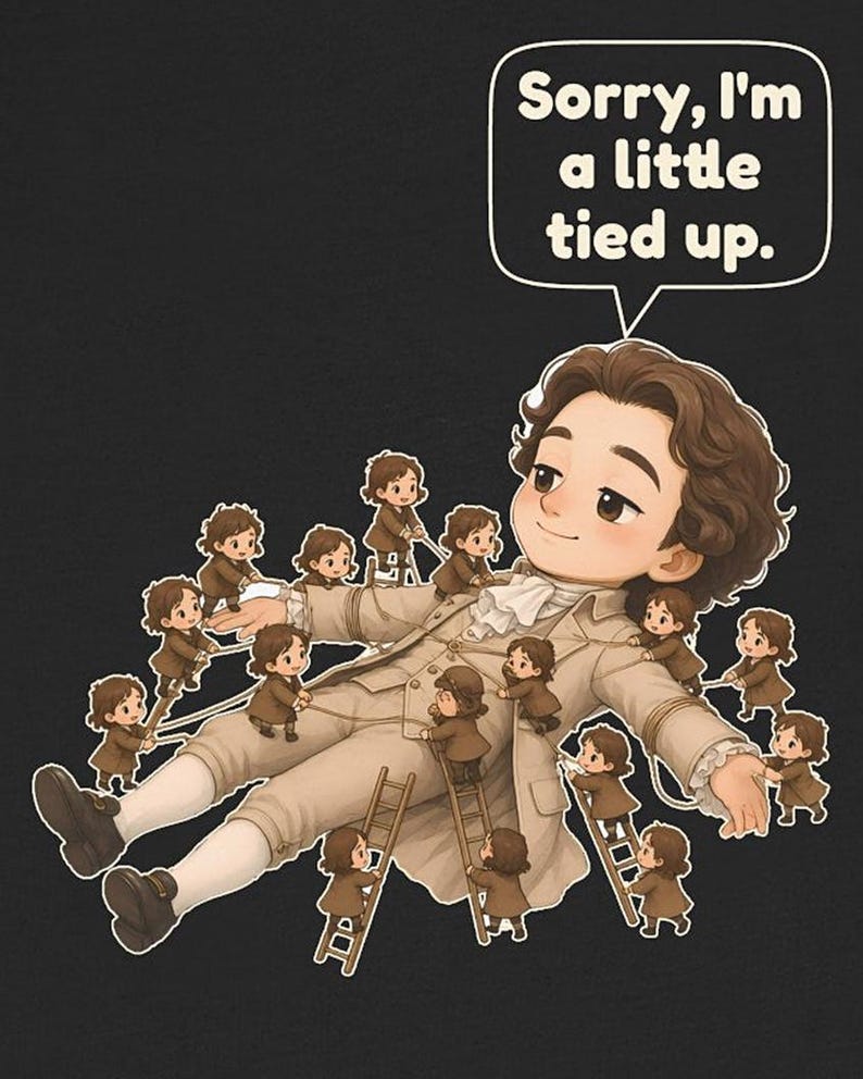 Op de afbeelding: Een grafische illustratie op een zwarte achtergrond met een groot persoon in een beige historische jas die wordt vastgebonden door vele kleine figuurtjes met touwen en ladders. Een tekstballon bevat de tekst, Sorry, I'm a little tied up.