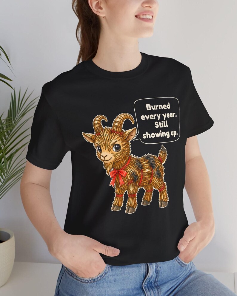 Yule Goat Shirt, Funny Scandinavian Christmas Tee, Swedish Heritage Gift, Folklore Lover Gift, Straw Goat Holiday Shirt, Chibi Watercolor bild 3