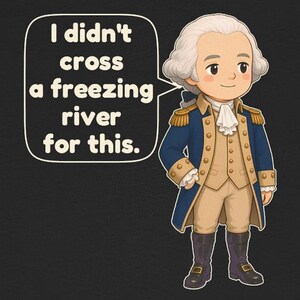 May include: A black t-shirt featuring a cartoon illustration of a historical figure in an 18th-century blue military coat, tan breeches, and white cravat. A speech bubble contains the text: I didn't cross a freezing river for this.
