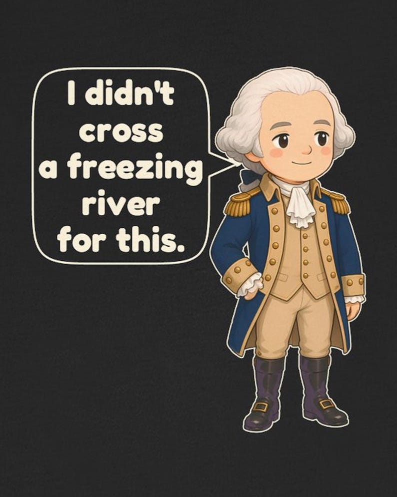 May include: A black t-shirt featuring a cartoon illustration of a historical figure in an 18th-century blue military coat, tan breeches, and white cravat. A speech bubble contains the text: I didn't cross a freezing river for this.