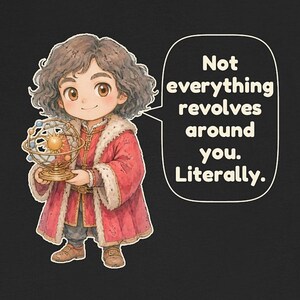 May include: A black t-shirt featuring a cartoon illustration of a person with curly brown hair wearing a red coat with fur trim, holding a gold orrery model of the solar system. A speech bubble contains the text: Not everything revolves around you. Literally.