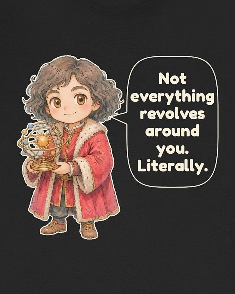 May include: A black t-shirt featuring a cartoon illustration of a person with curly brown hair wearing a red coat with fur trim, holding a gold orrery model of the solar system. A speech bubble contains the text: Not everything revolves around you. Literally.