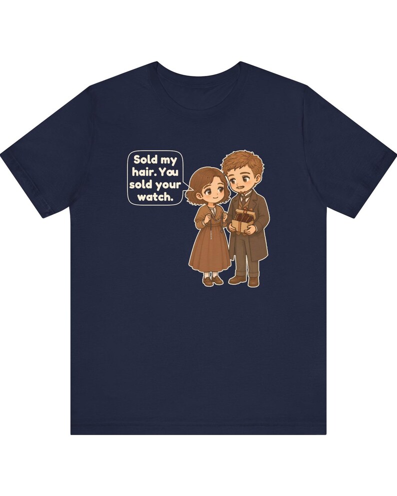 May include: A navy blue t-shirt featuring a cartoon illustration of two people in brown clothing. A speech bubble contains the text: Sold my hair. You sold your watch. The characters are depicted in a chibi style with brown hair and brown outfits.