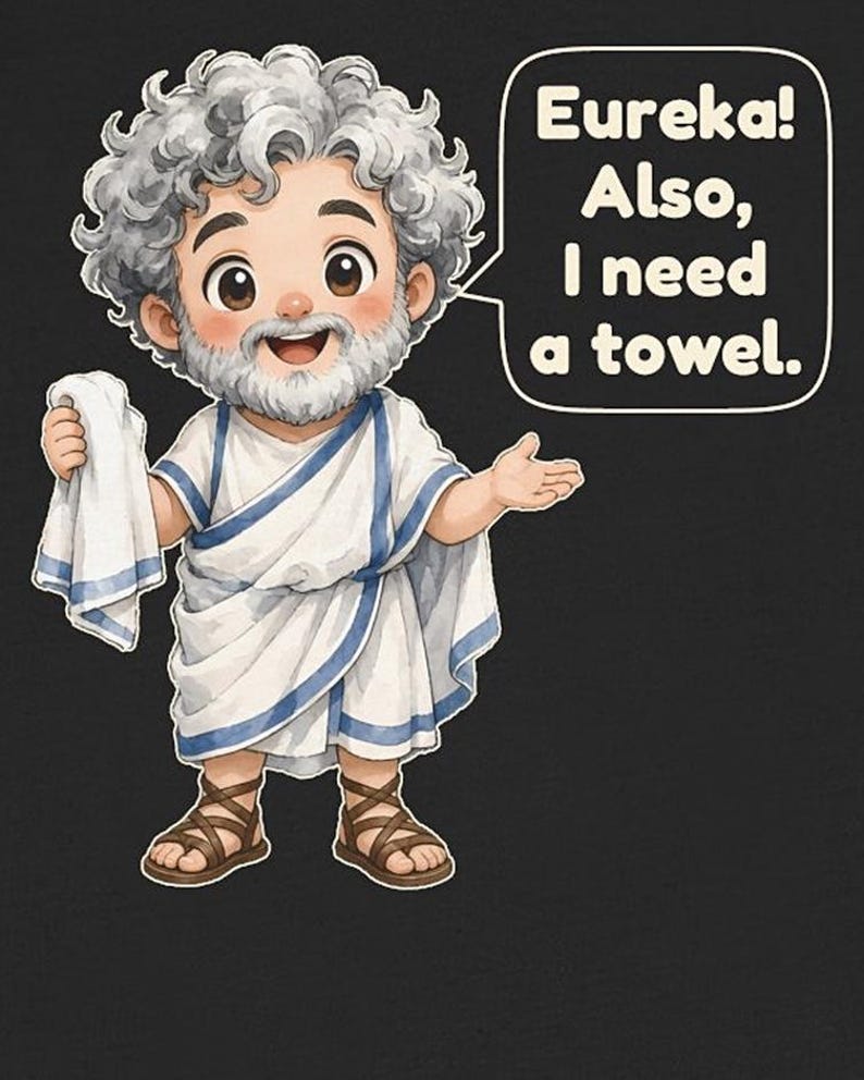 May include: A cartoon illustration of a bearded person with curly gray hair wearing a white toga with blue trim and brown sandals. The person holds a white towel and a speech bubble contains the text: Eureka! Also, I need a towel.