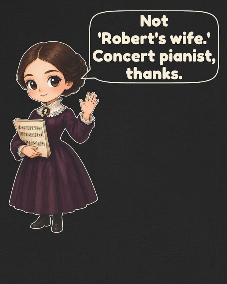 Puede incluir: Una ilustraci&oacute;n de estilo caricatura de una persona con cabello casta&ntilde;o en un vestido morado oscuro con cuello de encaje blanco, sosteniendo partituras y saludando. Un globo de texto contiene: Not 'Robert's wife.' Concert pianist, thanks.