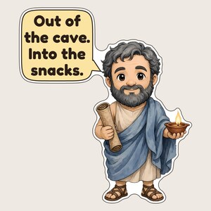 Peut inclure: Un autocollant repr&eacute;sentant un homme barbu v&ecirc;tu d'une tunique beige et d'une draperie bleue, tenant un parchemin roul&eacute; et une petite lampe &agrave; huile allum&eacute;e. Une bulle contient le texte : Out of the cave. Into the snacks.