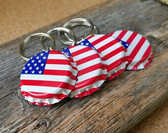 Bottle Cap Key Chain, American Flag Key Fob, Soda Cap Key Chain, Patriotic, Beer Cap Charms, Gifts for Brewers, Cool Gift for Beer Lovers