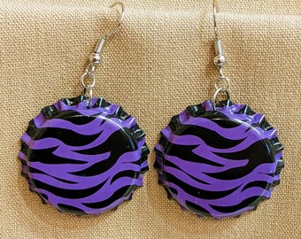 Zebra Print Bottle Cap Earrings, Zebra Print Earrings, Purple, Turquoise, Soda Earrings, Coke Earrings, Bottle Caps, Gifts for Bartenders