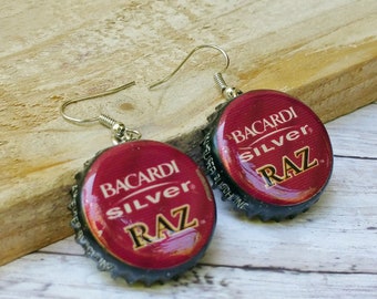 Bacardi Silver Raz Bottle Cap Earrings - Red Cap Earrings - Alcohol Earrings - Gifts for alcohol lovers - Gifts for bartenders - Unique