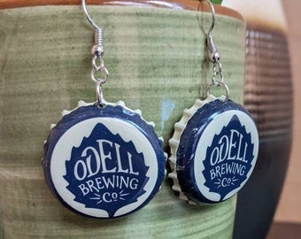 Odell Beer Cap Earrings, Odell Brewery, Brewers Earrings, Beer Cap Earrings, Gift for beer lovers, Gift for bartenders, Bottle Cap Earrings