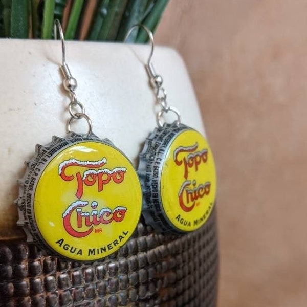 Topo Chico Bottle Cap Earrings, Cap Earrings, Soda Earrings, Recycled Cap Earrings, Fun Art Cap Earrings, Mexican Soda Jewelry, Topochico