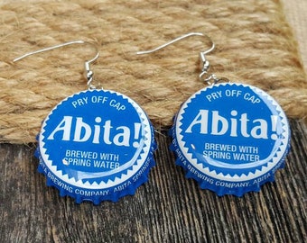 Blue Abita Beer Cap Earrings, Bottle cap earrings,Upcycled, Handmade Jewelry, Gift for her, Gift for bartenders, Gifts for beer lovers