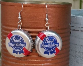 Pabst Blue Ribbon Beer Cap Earrings, Silver Cap Earring, Beer Cap Earrings, Gift for Beer Lovers, Bartenders Gifts, Fun Gifts, Beer Earrings