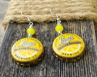 Shandy Bottle Cap Earrings, Orange, Upcycled, Jacob Leinenkugel, Beer Cap Earrings, Alcohol, Gift for bartenders, Gift for her, Beer Lovers