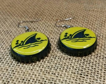Landshark Beer Cap Earring, Recycled Earrings, Beer Earring, Bottle cap earrings, Drinking Jewelry, Gift for bartenders, Beer Lovers Gift
