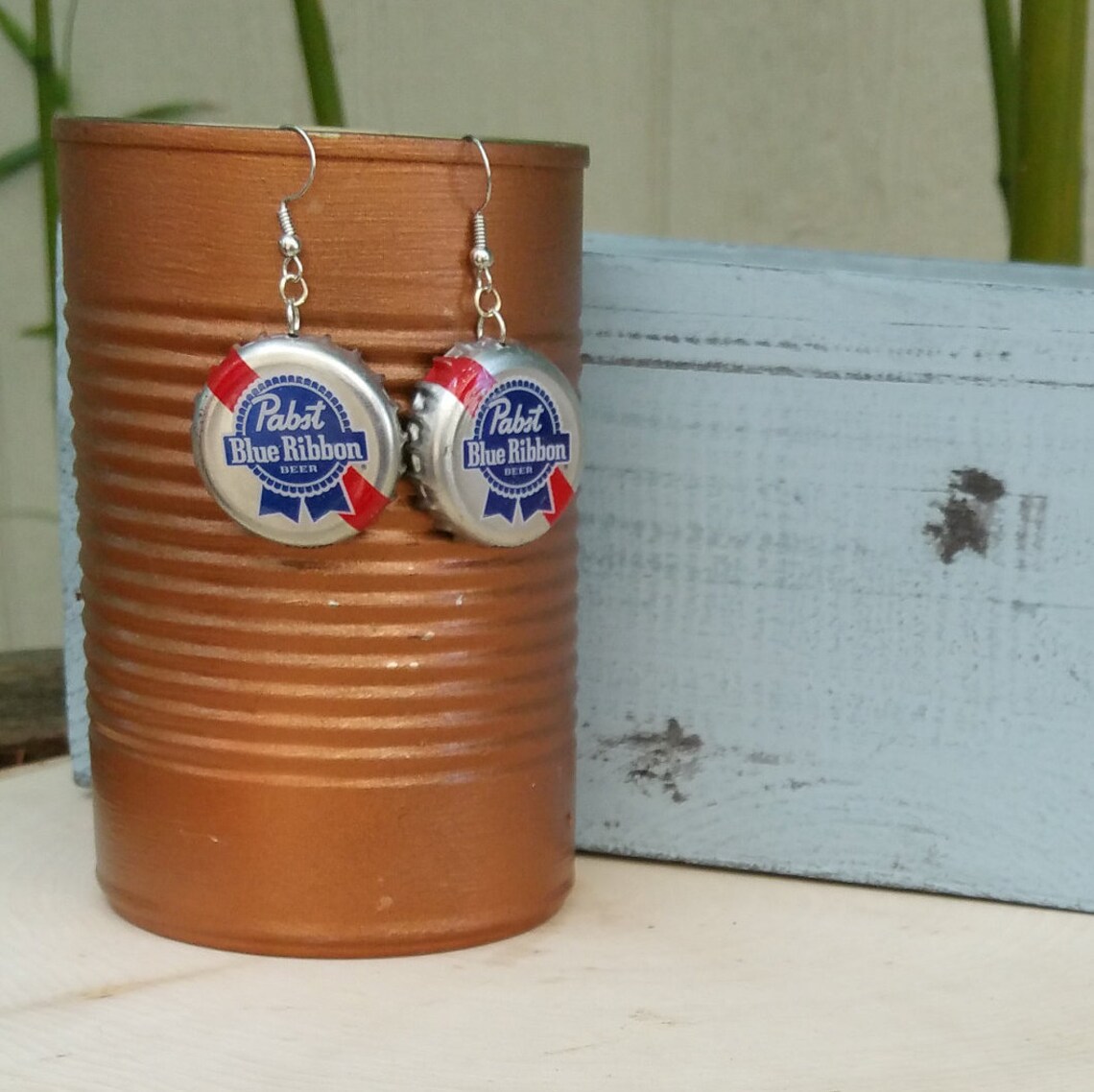 Pabst Blue Ribbon Beer Cap Earrings, Silver Cap Earring, Beer Cap