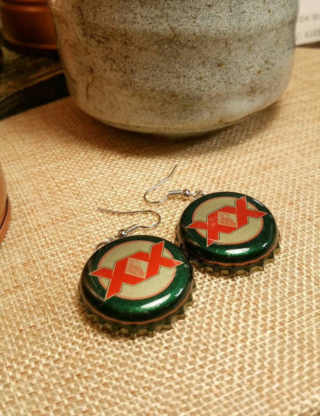 Recycled Beer Cap Earrings, Dos XX Beer Earrings, Bottle Cap Earrings