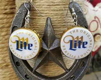 Miller Lite Beer Cap Earrings, White Beer Cap Jewelry, Bottle Cap Earrings, Beer Lovers Earrings, Gift for brewers, Gifts for bartenders