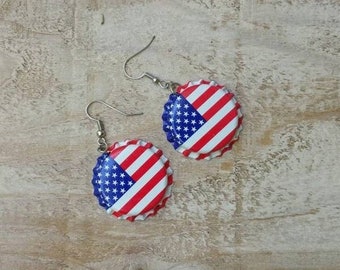 American Flag Bottle Cap Earrings - USA Earrings - Patriotic Bottle Cap Earrings - Bottle Cap Earrings -  Beer jewelry - Craft Beer Earrings