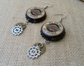 Steampunk Beer Earrings, Bottle Cap Earrings, Boulevard, Gears and Beer Jewelry, Craft Beer Earring, Gift for Bartenders, Beer Lovers Gift