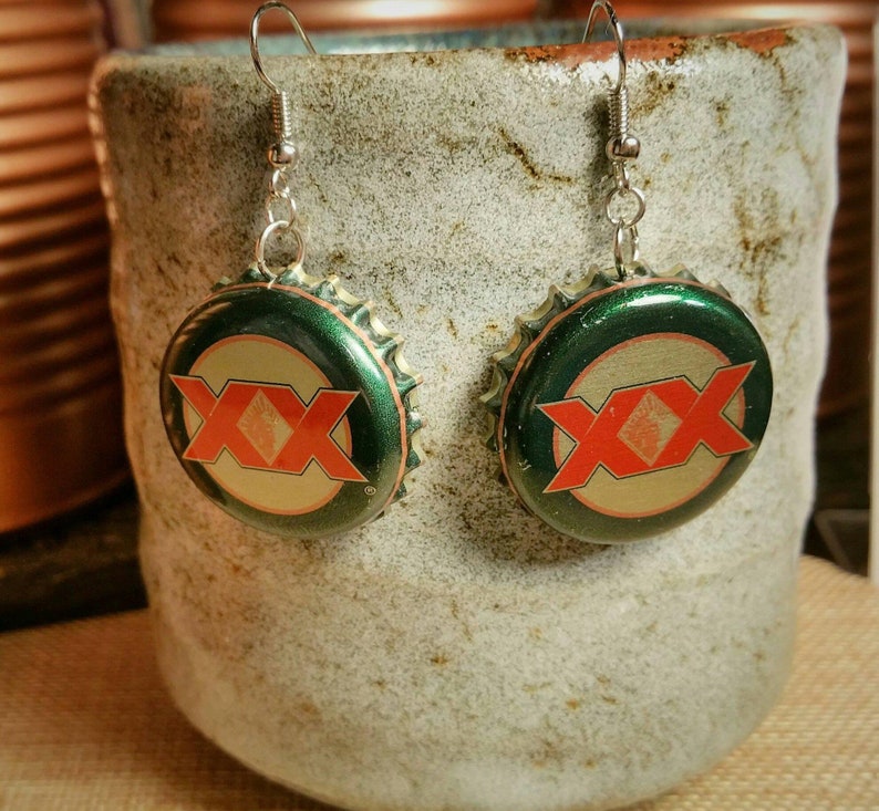 Recycled Beer Cap Earrings, Dos XX Beer Earrings, Bottle Cap Earrings