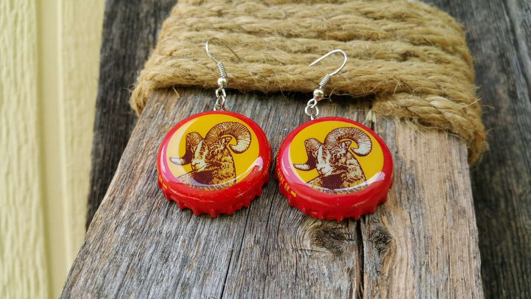 Recycled Beer Cap Earrings, Ram Earring, Yellow Earring, Bottle Cap